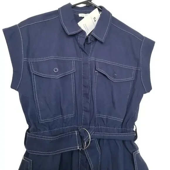 NWT's-Free Assembly Womens Belted Utility Midi Button Down Drs Cap Sleeves Sz M - Picture 2 of 14